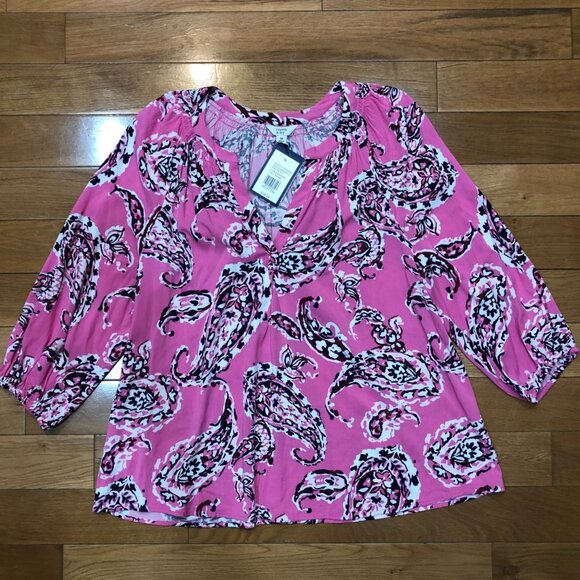 NWT Crown & Ivy Pink Paisly 3/4 Sleeve Peasant Blouse Size M - Picture 5 of 11